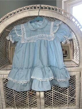 Vintage Light Blue Lace Trim Baby Dress
